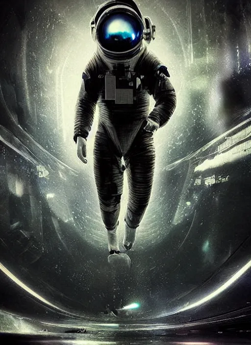 Prompt: poster art by craig mullins astronaut in futuristic dark and empty spaceship underwater. infrared glowing lights. complex and hyperdetailed technical suit. reflection and dispersion materials. rays and dispersion of light. volumetric light. 5 0 mm, f / 3 2. noise film photo. flash photography. unreal engine 4, octane render. interstellar poster