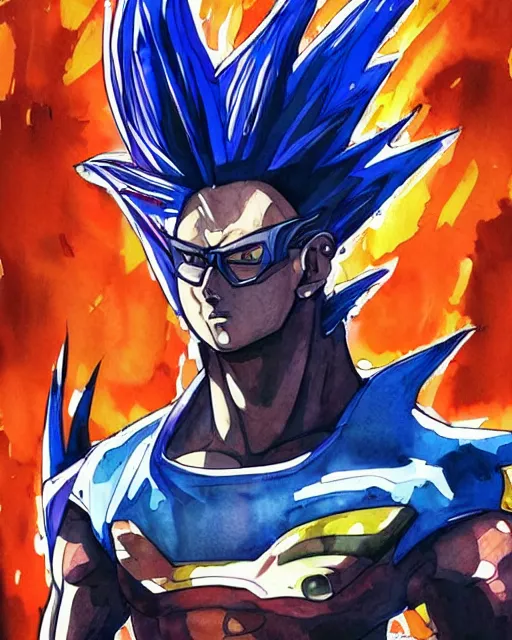 Prompt: a watercolor painting full body character portrait of a super saiyan superhero in the style of moebius in the style of cyberpunk trending on artstation deviantart pinterest detailed realistic hd 8 k high resolution