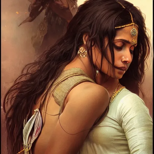 Image similar to portrait painting of dark muscular indian women hugging from behind, ultra realistic, concept art, intricate details, eerie, highly detailed, photorealistic, octane render, 8 k, unreal engine. art by artgerm and greg rutkowski and alphonse mucha
