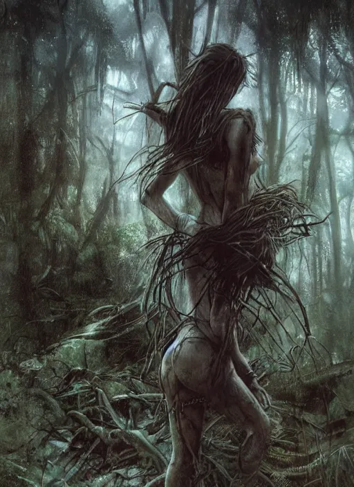 Prompt: low angle shot of a tribal woman from behind, in front of a rotten post apocalyptic aircraft carrier on the ground overgrown with vegetation, rain forest, by Luis Royo, by Greg Rutkowski, dark, gritty, intricate, backlit, strong rim light, cover illustration, concept art, volumetric lighting, volumetric atmosphere, sharp focus, octane render, trending on artstation, 8k