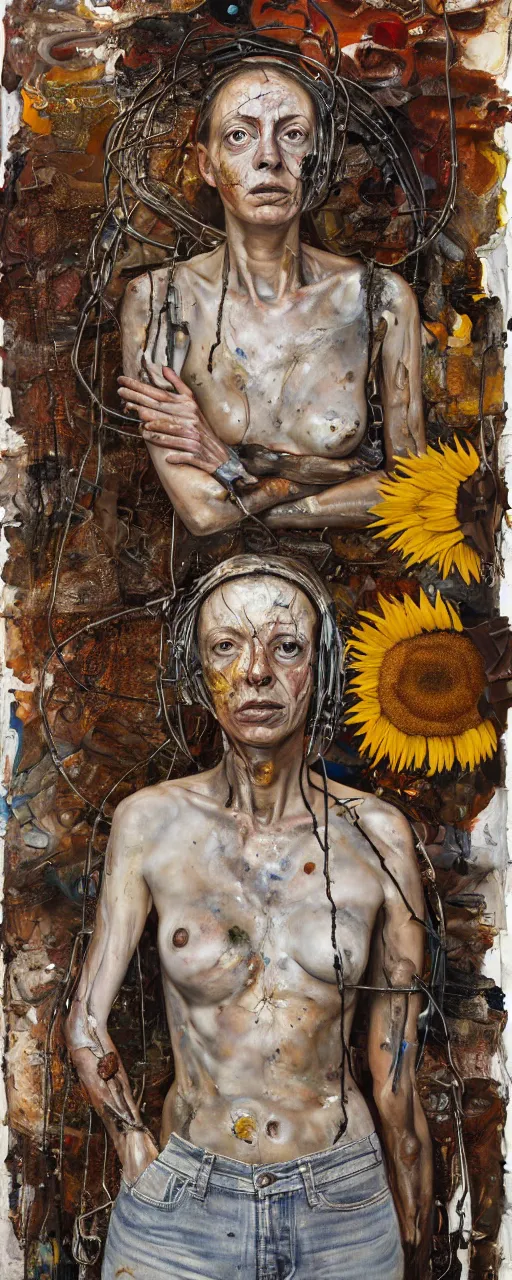 Image similar to a full length portrait of a very ordinary young woman with a distracted expression, Anselm Kiefer and Lucian Freud and Jenny Saville, oil painting, rust, Scaffolding, rusted metal and sunflowers, iron cladding, decay, mixed media, textured, anatomically correct, beautiful perfect face, visible brushstrokes, sharp focus, twisted wire, Highly Detailed, nails, photographic emulsion cracked and peeling, Cinematic Lighting, 8k, HD