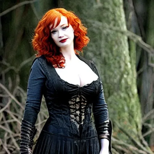 Prompt: long shot photo of christina hendricks as a vampire warrior