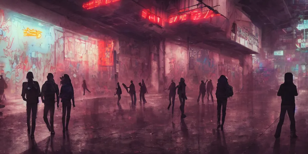 Image similar to teenagers with tech clothing and hoods and futuristic gas masks painting giant graffitis on the walls of a dystopian city, neon lights, sci - fi, night lights, rain and haze, concept art, intricate, photorealistic, in the style of katsuhiro otomo, akira, octane render, rtx, hdr, unreal engine