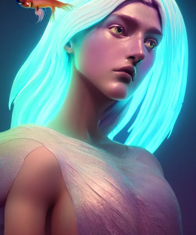 Image similar to goddess close-up portrait. betta fish, phoenix, bioluminiscent creature, intricate artwork by Tooth Wu and wlop and beeple. octane render, trending on artstation, greg rutkowski very coherent symmetrical artwork. cinematic, hyper realism, high detail, octane render, 8k