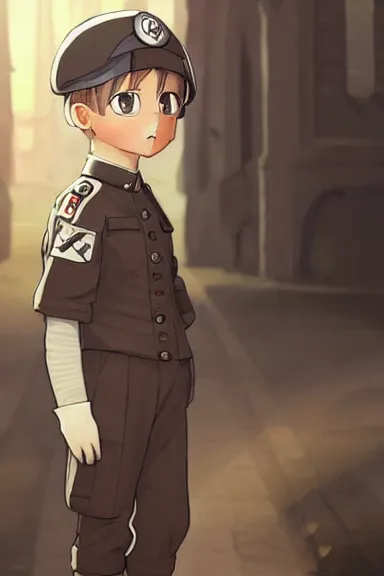 Image similar to beautiful little boy in nazi male uniform. made in abyss art style, sharps focus, cute detailed artwork, anatomically correct, ilya kuvshinov, reflection, perfect composition, wallpaper mobile, digital art, detailed anime soft face, symmetrical face, western comic, illustration, realistic, smooth, lois van baarle, soft details, illumination