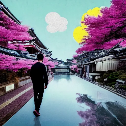 Image similar to a man walking on clouds away from the camera above kyoto by takashi murakami, beeple and james jean, aya takano color style, 4 k, super detailed, modern, 4 k, symmetrical