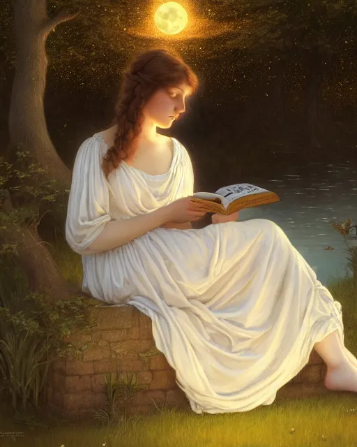 Image similar to a girl in white nightgown reading a book by the river, a full moon on the horizon, dark starry sky, golden orbs and fireflies, illustration, dramatic lighting, art nouveau, highly detailed face, 8 k, hd, by edmund blair leighton, brom, charlie bowater, trending on artstation, faces by tom bagshaw, sargent