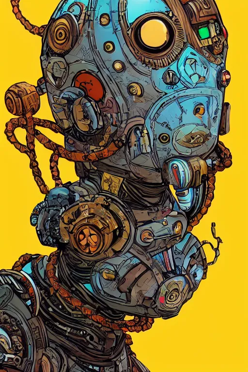 Prompt: Afrofuturism, a zulu voodoo mask helmet bot borderland that looks like it is from Borderlands and by Feng Zhu and Loish and Laurie Greasley, Victo Ngai, Andreas Rocha, John Harris