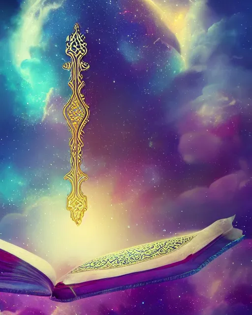 Image similar to the quran descending from the galaxy into clouds highly detailed, gold filigree, romantic storybook fantasy, soft cinematic lighting, award, pastel color palette, featured on artstation, digital art