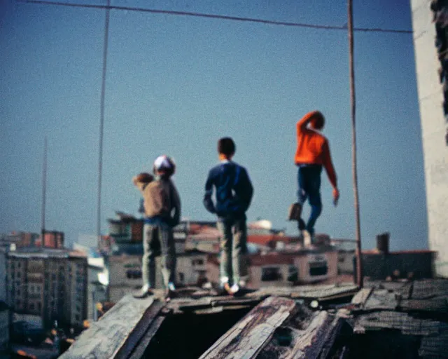 Image similar to lomo photo of roofjumpers climbing on roof of soviet hrushevka, small town, cinestill, bokeh, out of focus