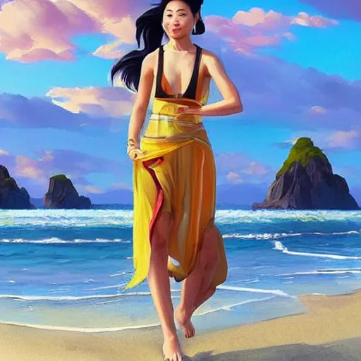 Prompt: asian sun goddess wearing modern clothing, portrait,! sundress!,! high ponytail!, slice of life, modern instagram influencer, beach and ocean in the background, highly detailed, digital painting, artstation, concept art, sharp focus, illustration, cinematic lighting, art by artgerm and greg rutkowski and alphonse mucha