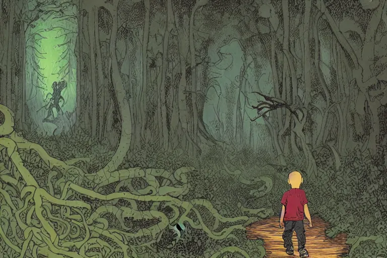 Prompt: young boy entering a huge mysterious and ominious forest with a cthulhu monster in a distant clearing, large path, mushrooms, very graphic illustration by jean giraud and mike mignola, drawing, yoshitaka amano vibe, clean line, colorful comics style, dynamic light