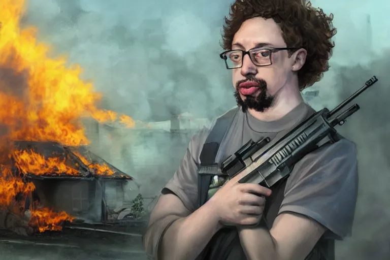 Image similar to portrait of Sam Hyde holding an AR-15 rifle, standing outside a flaming burnt down white house, epic, trending on artstation