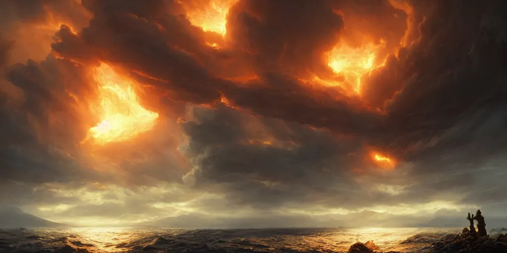 Image similar to matte painting,Epic scene, Fire Phoenix,sea,cloud,by greg rutkowski and Richard Lay,in volumetric lighting, Trending on artstation,HD