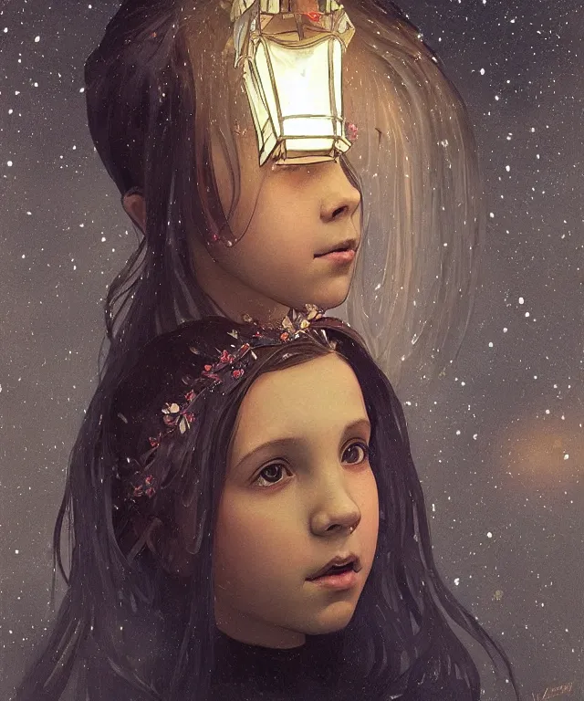 Prompt: a beautiful painting of a girl resembling millie bobby brown in front of the lantern festival in a an ancient italian town, at night with a sky full of stars, intricate, elegant, highly detailed, digital painting, artstation, concept art, by krenz cushart and artem demura and alphonse mucha