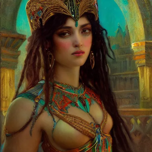 Image similar to artstation, intricate detail, portrait by gaston bussiere, tan skin, lady of elche, egyptian sumerian features, techno mystic dominatrix goddess princess intergalactica inanna with aqua neon rapunzel dreadlocks,