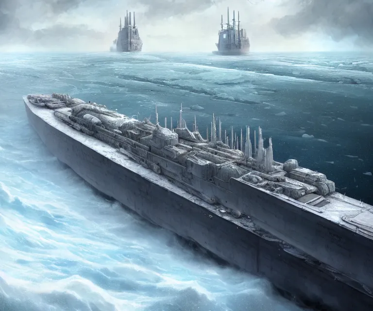 Image similar to one singular solo gray enormous gigantic steel ship - shaped fortress sailing across an icy frozen ocean. masterpiece, cinematic, octane render, depth of field, bokeh, architecture, aerial view, art by tom bagshaw, geof darrow, james gurney, filip hodas