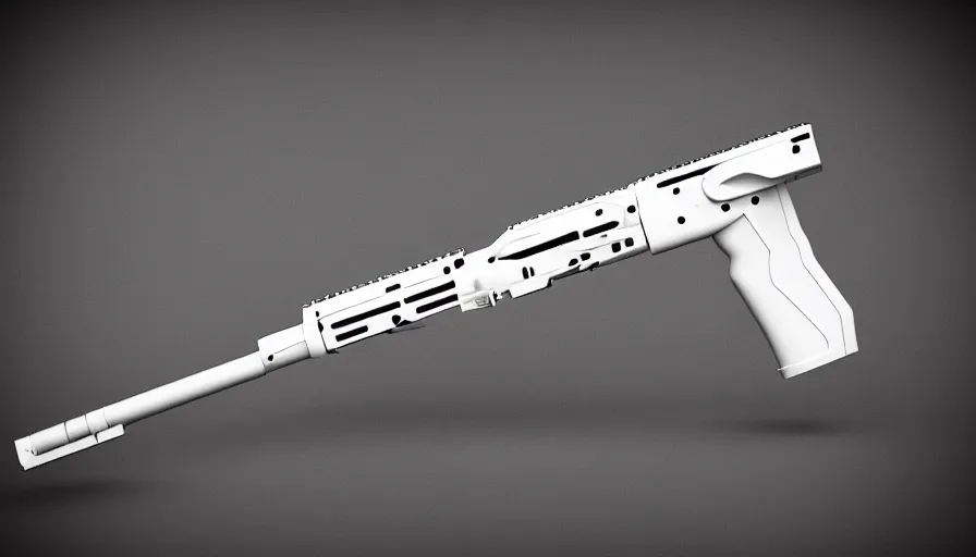 Image similar to extremely detailed ultra realistic photographic side view sci fi minimalist coilgun rifle, detailed trigger, chemically propelled, electric, smooth streamline, elegant sleek smooth body, white paint, battery and wires, railgun, chemrail, gauss, smooth utopian design, ultra high quality, octane, cod, destiny, warframe, terminator