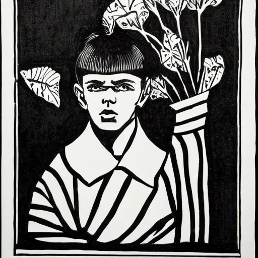 Image similar to Yung Lean, portrait, b&w, woodblock print, by Aubrey Beardsley