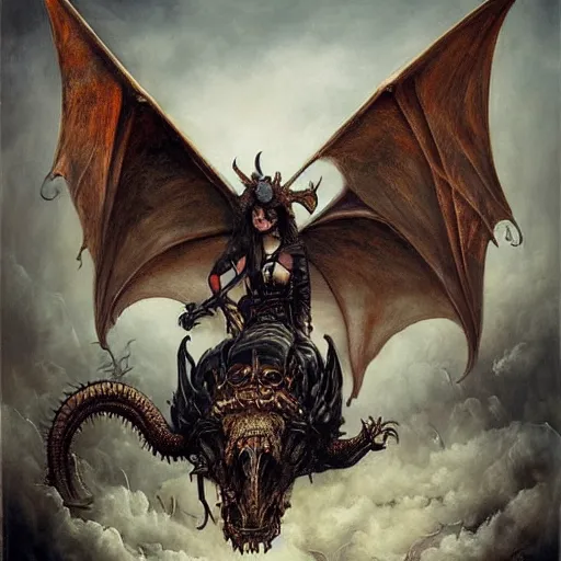 Image similar to a hyperrealistic portrait painting of a beautiful woman with demonic horns wearing steampunk goggles, flying on the back of a dragon into the apocalypse, by santiago caruso, highly detailed,