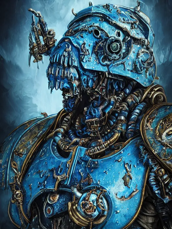 Image similar to portrait art of 8k ultra realistic undead eldritch horror space marine blue , detailed intricate ornate armour,decaying, cybernetic, full of colour, cinematic lighting, battered, trending on artstation, 4k, hyperrealistic, focused, extreme details,unreal engine 5, cinematic, masterpiece, art by ayami kojima, giger