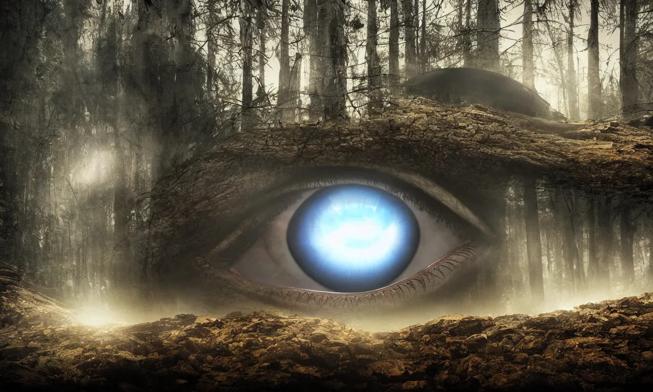 Prompt: Glowing Mordor Eye at Finnish forest lake, futuristic, cyberpunk, highly detailed, photorealistic, sharp focus, cinematic composition, cinematic lighting, detailed