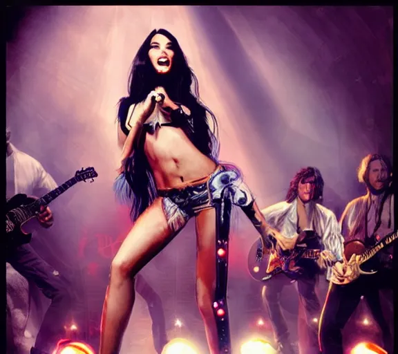 Image similar to Megan Fox on stage playing rock and roll with the rest of the band, flashing concert lights, by Bastien Lecouffe-Deharme