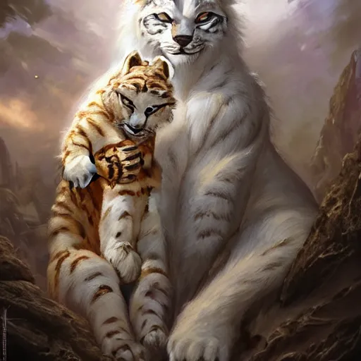 Prompt: white anthropomorphic lynx cat and white anthropomorphic tiger by Les Edwards and Noriyoshi Ohrai, furry art, steampunk fantasy style, 4k, trending on artstation