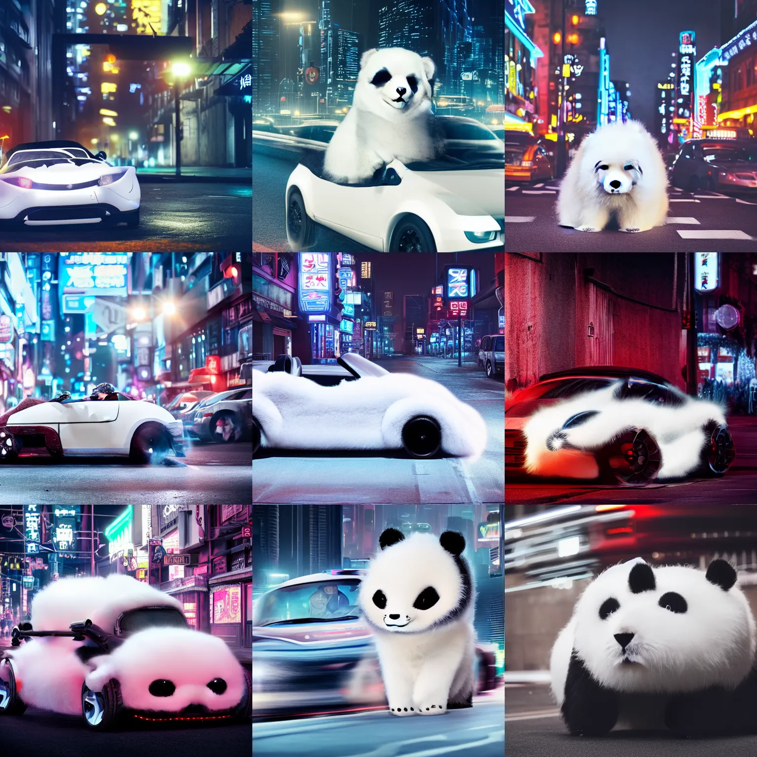 Prompt: a fluffy roadster covered with white fur and looked like a cute panda, with cool headlights, parking in the street, Cyberpunk, neon light, 4k, hd, highly detailed