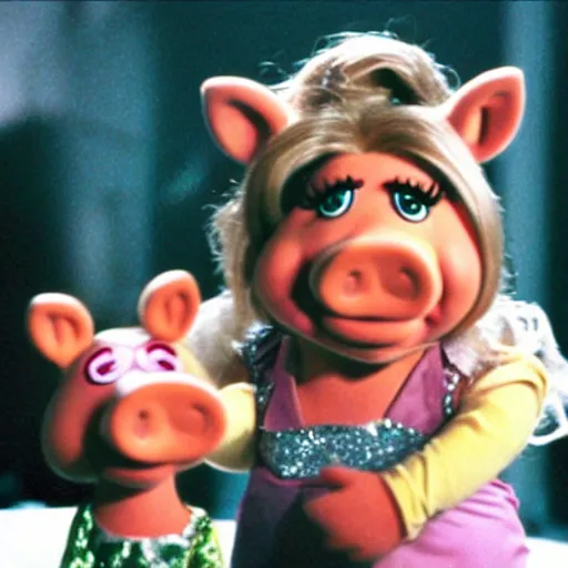 Image similar to movie still of miss piggy starring as trinity in the matrix movie