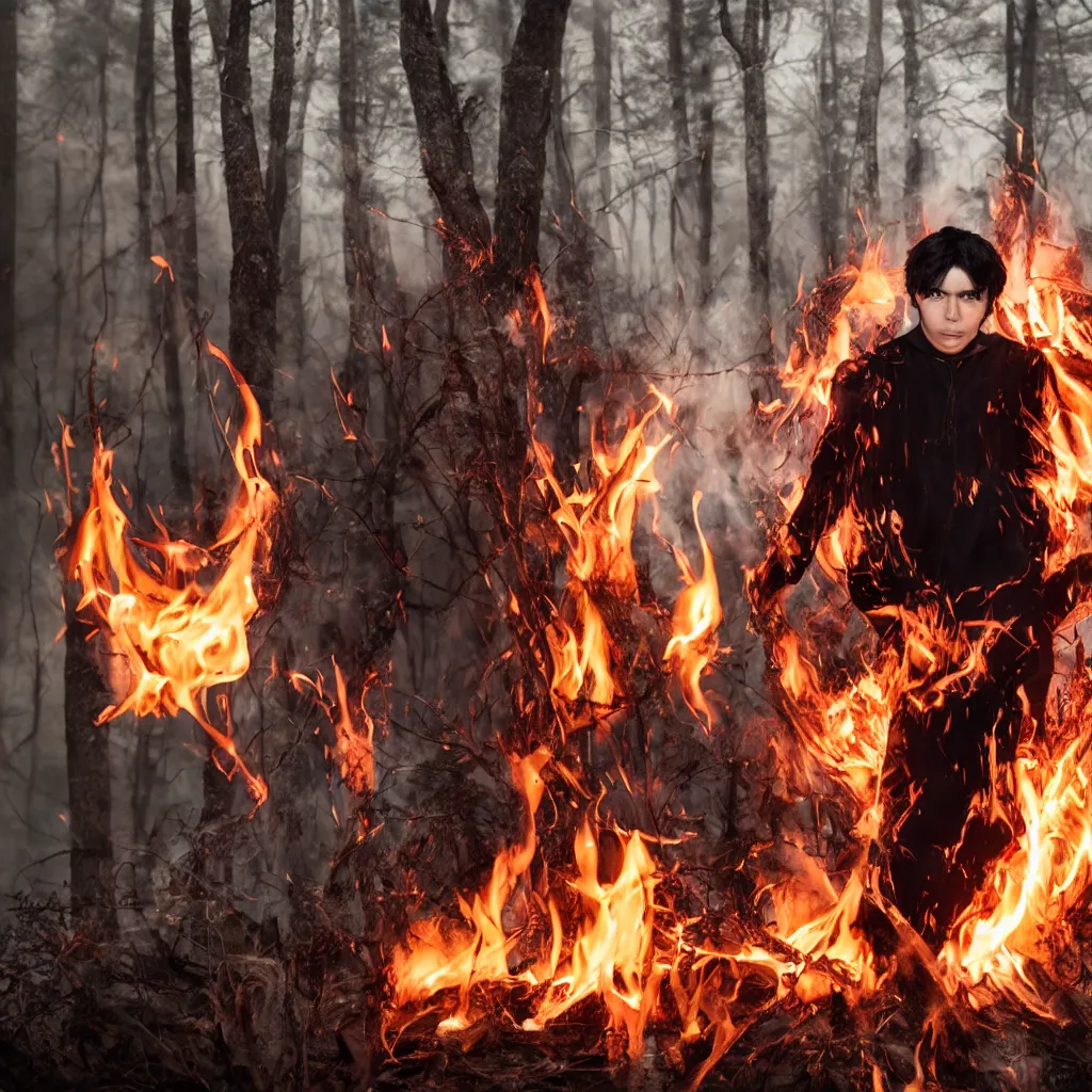 Image similar to male 1 7 year old, black hair with white stripe in middle, angry, surrounded by fire in a forest, red cardinal on his shoulder, portrait 4 k,