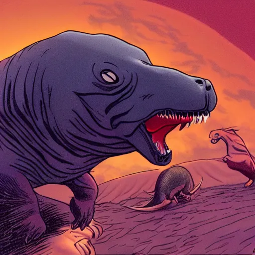 Image similar to a baby seal riding a tyrannosaurus rex, frank miller, dave gibbons, dusk lighting, clear focus, very coherent