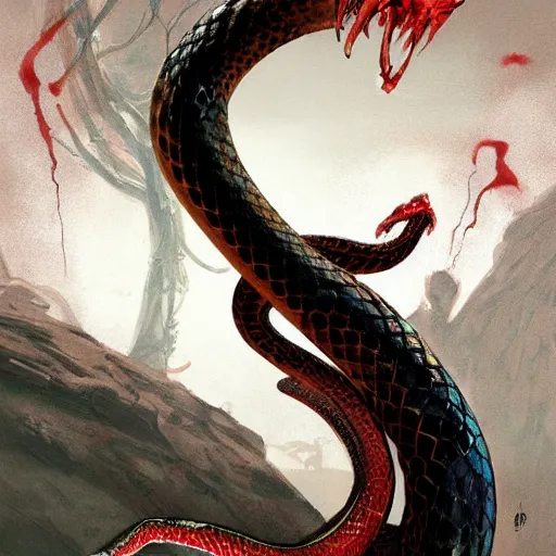 Image similar to a snake priestress with bloody eyes, by greg rutkowski, designed for magic the gathering