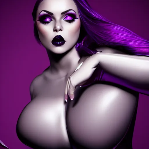 Prompt: portrait of a curvy feminine hot pale goth woman with elaborate elegant tight silver nylon latex and silk outfit black lipstick and purple makeup, photorealistic, sublime, 16k, smooth, sharp focus, cgsociety, ArtStation, volumetric lighting