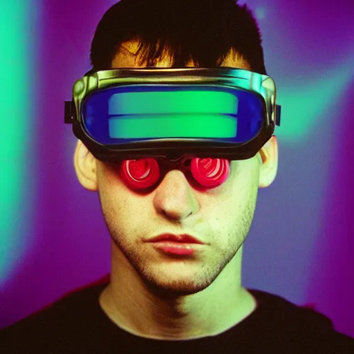 Image similar to kodak ektar 1 0 0 photograph of a cybergoth guy wearing goggles and eclectic jewelry, moody lighting, telephoto, 9 0 s vibe, blurred background, vaporwave colors, faded!,