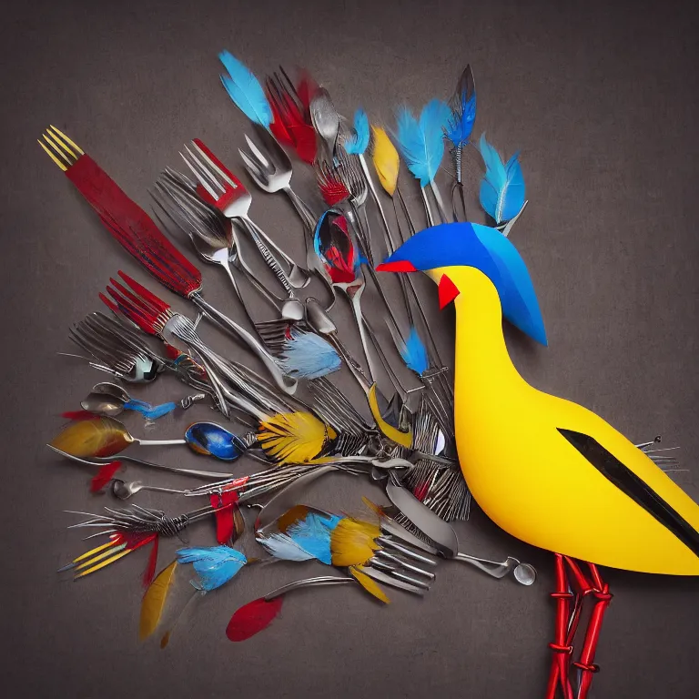 Prompt: photo of a bird made of utensils, red airbrush on yellow saw tail, blue iron feathers, black scissor beak, head made of colorful forks, digital art, photorealistic, octane render, 8 k