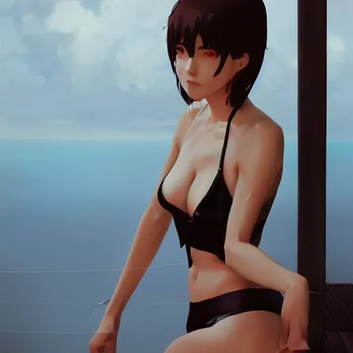 Image similar to cgsociety, by wlop, ilya kuvshinov, krenz cushart, greg rutkowski, trending on artstation. anime girl wearing latex bikini. cinematic dramatic atmosphere, sharp focus, volumetric lighting.