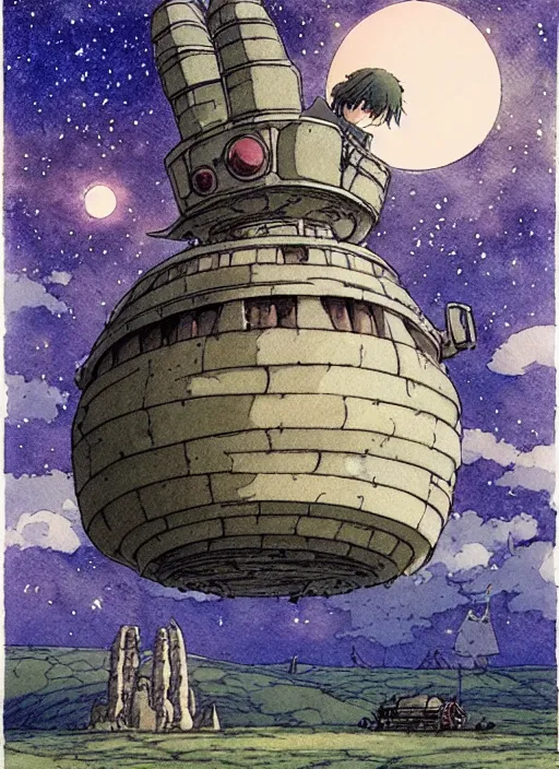 Image similar to hyperrealist studio ghibli watercolor fantasy concept art of a giant ufo from howl's moving castle sitting on stonehenge like a stool. it is a misty starry night. by rebecca guay, michael kaluta, charles vess