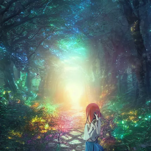 Image similar to twisted pathways magical cosmic path in the middle of a universe, anime inspired, hyper realistic, dramatic lighting, glowing leaves, 8k hdr pixiv dslr photo by Makoto Shinkai ilya kuvshinov and Wojtek Fus, digital art, concept art