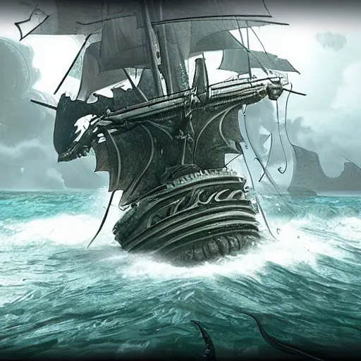 Image similar to kraken destroying a large galleon, ocean, photo realistic