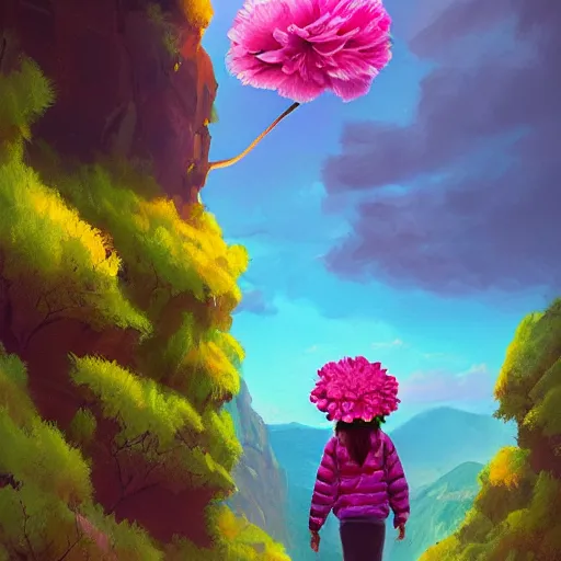 Image similar to giant carnation flower as a head, girl hiking in a canyon, surreal photography, sunrise, dramatic light, impressionist painting, colorful clouds, digital painting, artstation, simon stalenhag