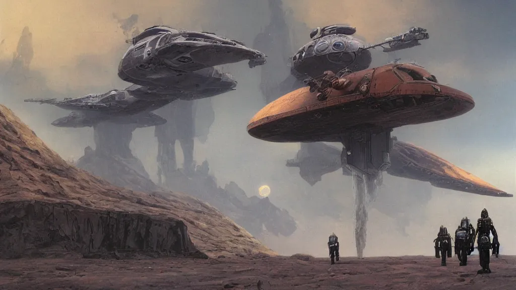 Image similar to small organic dropship lander by john schoenherr and jim burns, epic cinematic matte painting