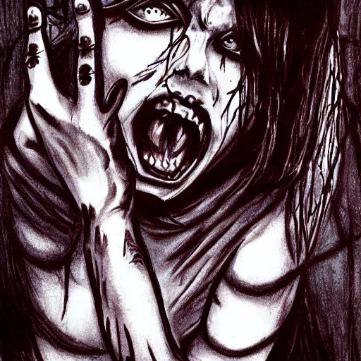 Image similar to grunge drawing of 🧟🧜🏻‍♂️🪡 in the style of the grudge | horror themed