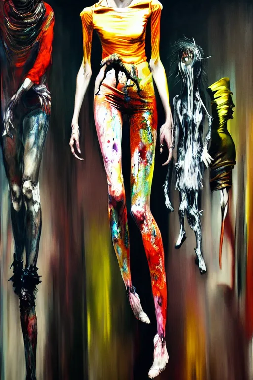 Prompt: crazy fashion catwalk, one model, crazy clothes, biopunk style, horror, hauntingly surreal, highly detailed painting by francis bacon, edward hopper, adrian ghenie, gerhard richter, and james jean soft light 4 k,