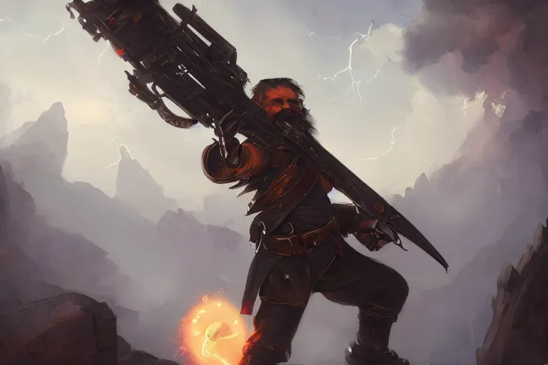 Image similar to this dwarven plasma gunner is holding a flintlock rifle charged by lightning by Greg Rutkowski