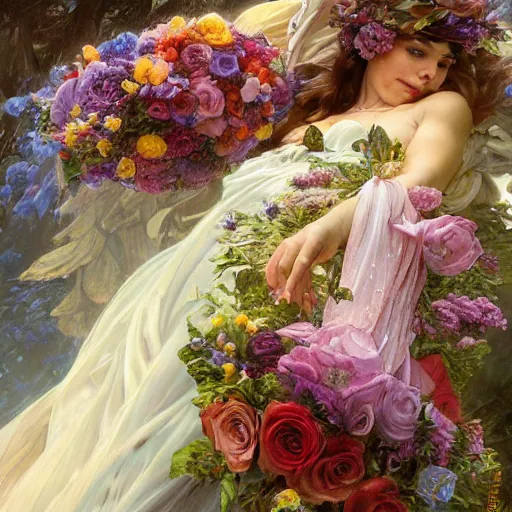 Prompt: an elaborate coffin with a mysterious sleeping beauty holding a large bouquet of flowing flowers, hands hidden under the bouquet, top view, fantasy, regal, intricate, by stanley artgerm lau, greg rutkowski, thomas kindkade, alphonse mucha, loish, norman rockwell