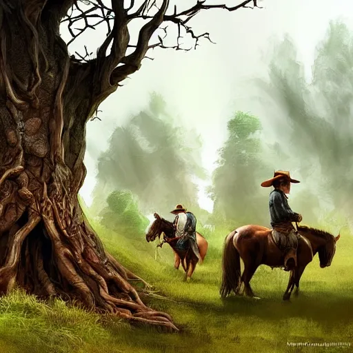 Prompt: hobbits wearing cowboy hats hiding under a the roots of a tree. wraiths on horses looking for them, artstation digital art