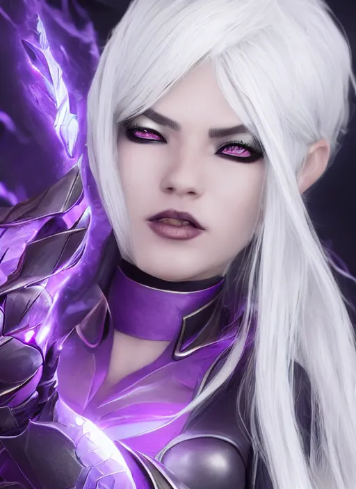 Image similar to syndra, from league of legends, white hair, purple magic, hyper detailed, digital art, au naturel, with abs, trending in artstation, cinematic lighting, studio quality, smooth render, unreal engine 5 rendered, octane rendered, art style by klimt and nixeu and ian sprigger and wlop and krenz cushart