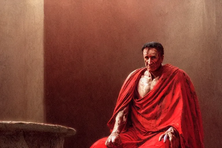 Image similar to a tired, lonely and broken julius caesar is sitting on his throne. face is highly detailed. splices of red are running down his toga. mist. color scheme red and gold. soft light. low angle medium shot. imagined by greg rutkowski and jean - leon gerome