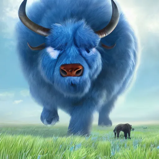 Prompt: an illustration of a giant blue six legged beast with head resembling a bull, thick fluffy fur walking across a peaceful fantasy meadow digital art concept art